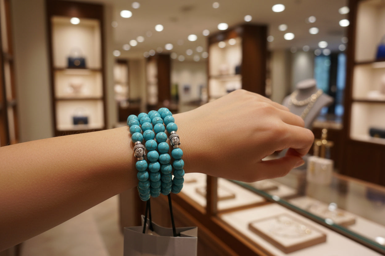 Armband ronde kralen met boeddha sluiting in zomerse stijl turquoise