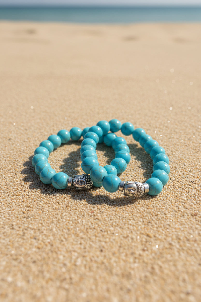 Armband ronde kralen met boeddha sluiting  in zomerse stijl turquoise