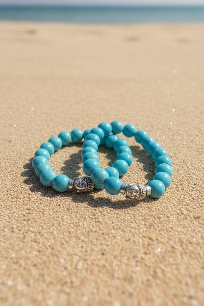 Armband ronde kralen met boeddha sluiting  in zomerse stijl turquoise