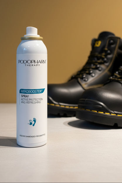 Podopharm MYKOBOOSTER® Verzorgings- en hygiënespray voor handen, voeten en (werk- en veiligheids)schoenen 100 ml.