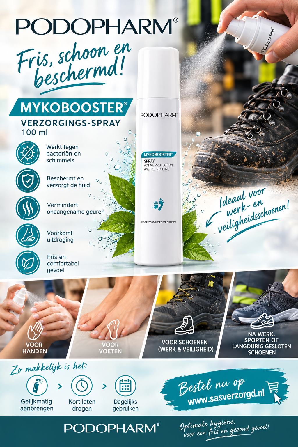 Podopharm MYKOBOOSTER® Verzorgings- en hygiënespray voor handen, voeten en (werk- en veiligheids)schoenen 100 ml.