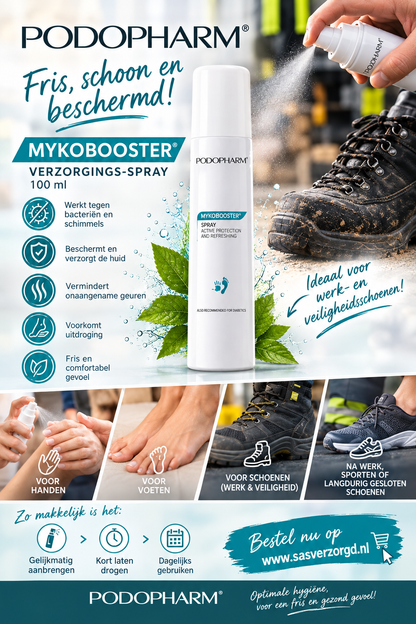 Podopharm MYKOBOOSTER® Verzorgings- en hygiënespray voor handen, voeten en (werk- en veiligheids)schoenen 100 ml.