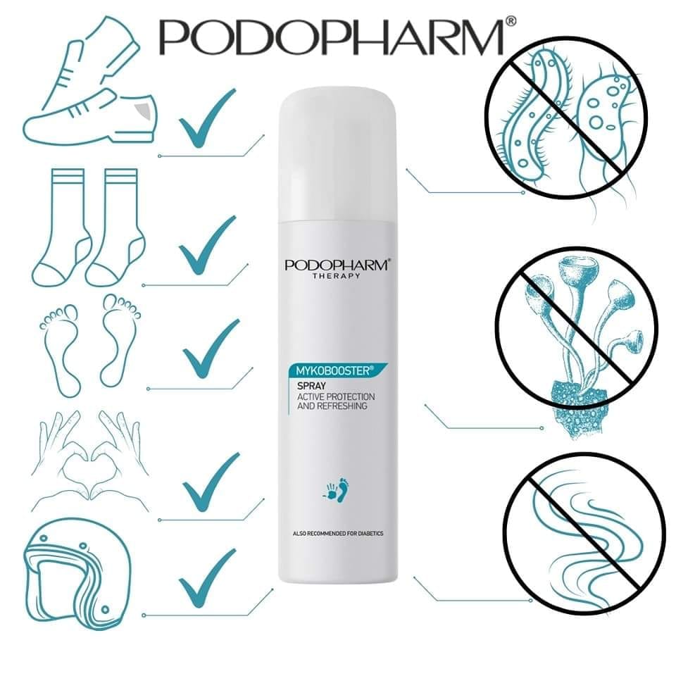 Podopharm MYKOBOOSTER® Verzorgings- en hygiënespray voor handen, voeten en (werk- en veiligheids)schoenen 100 ml.